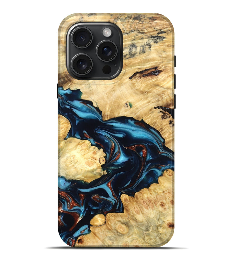 iPhone 16 Pro Max Wood Live Edge Phone Case - West (Teal & Gold, 819601)
