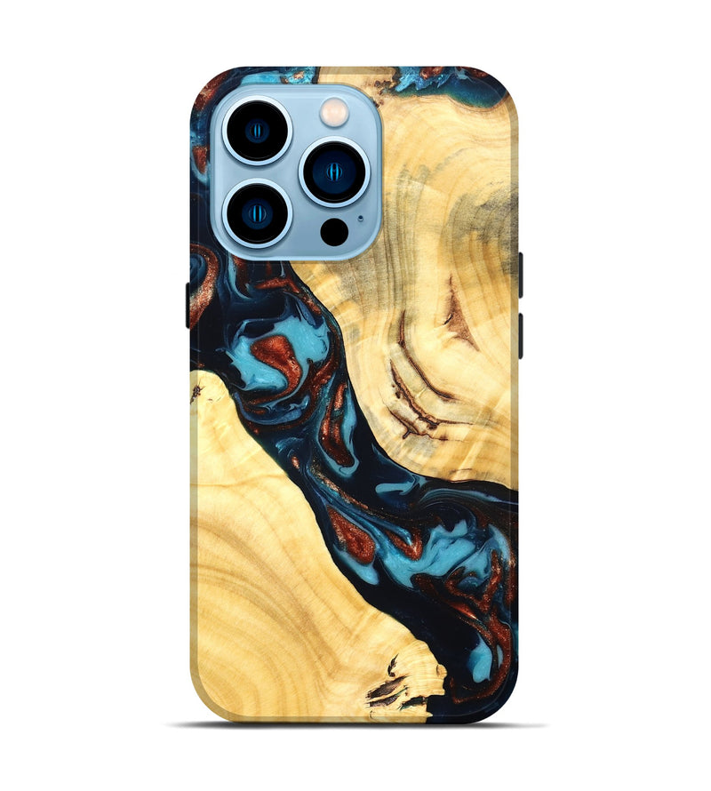 iPhone 14 Pro Wood Live Edge Phone Case - Abdiel (Teal & Gold, 819602)