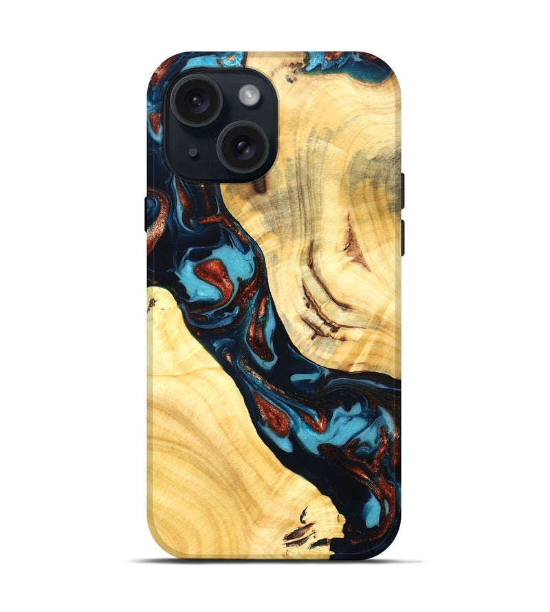 iPhone 15 Wood Live Edge Phone Case - Abdiel (Teal & Gold, 819602)