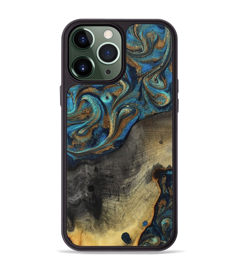 iPhone 13 Pro Max Wood Phone Case - Evalyn (Teal & Gold, 819616)