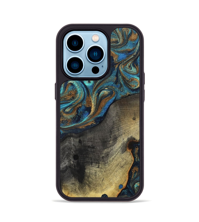 iPhone 14 Pro Wood Phone Case - Evalyn (Teal & Gold, 819616)