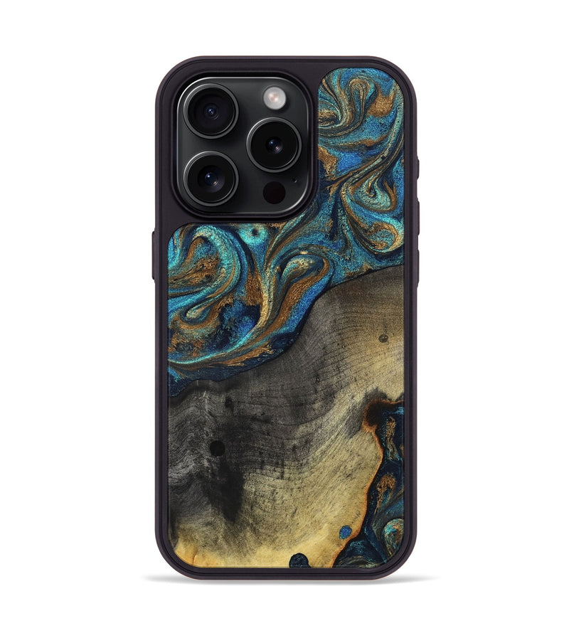iPhone 15 Pro Wood Phone Case - Evalyn (Teal & Gold, 819616)