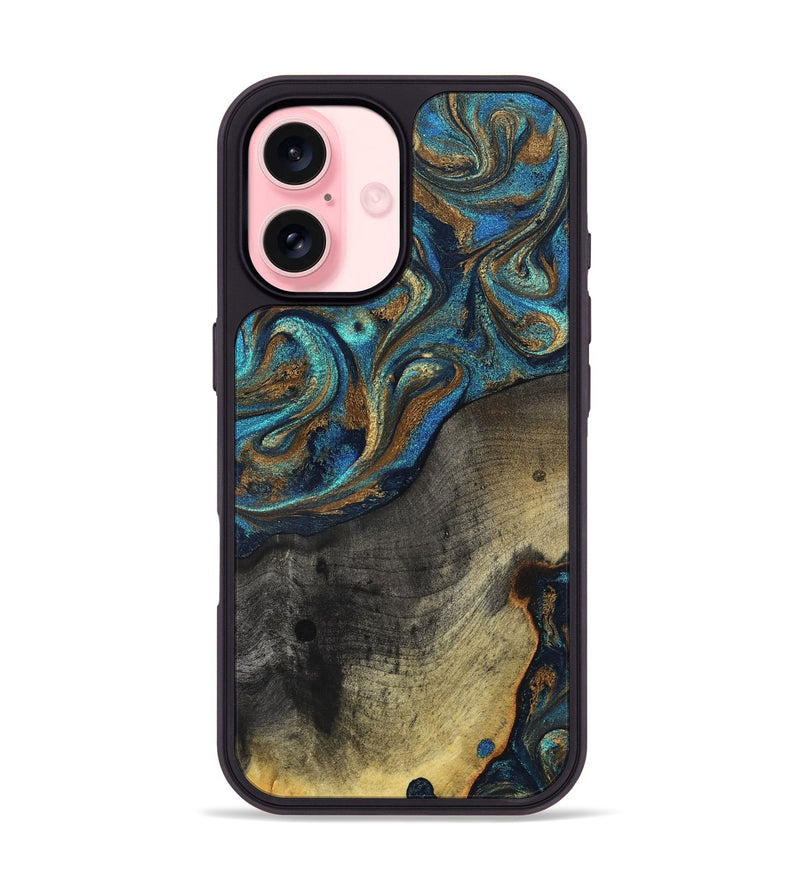 iPhone 16 Wood Phone Case - Evalyn (Teal & Gold, 819616)
