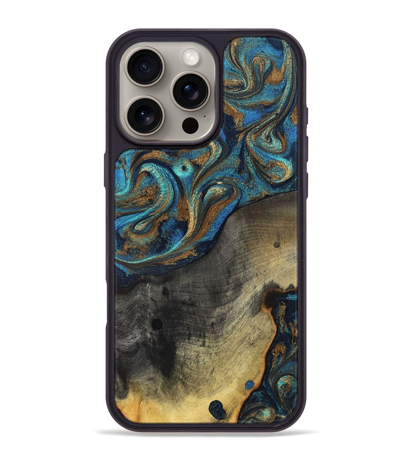iPhone 16 Pro Max Wood Phone Case - Evalyn (Teal & Gold, 819616)