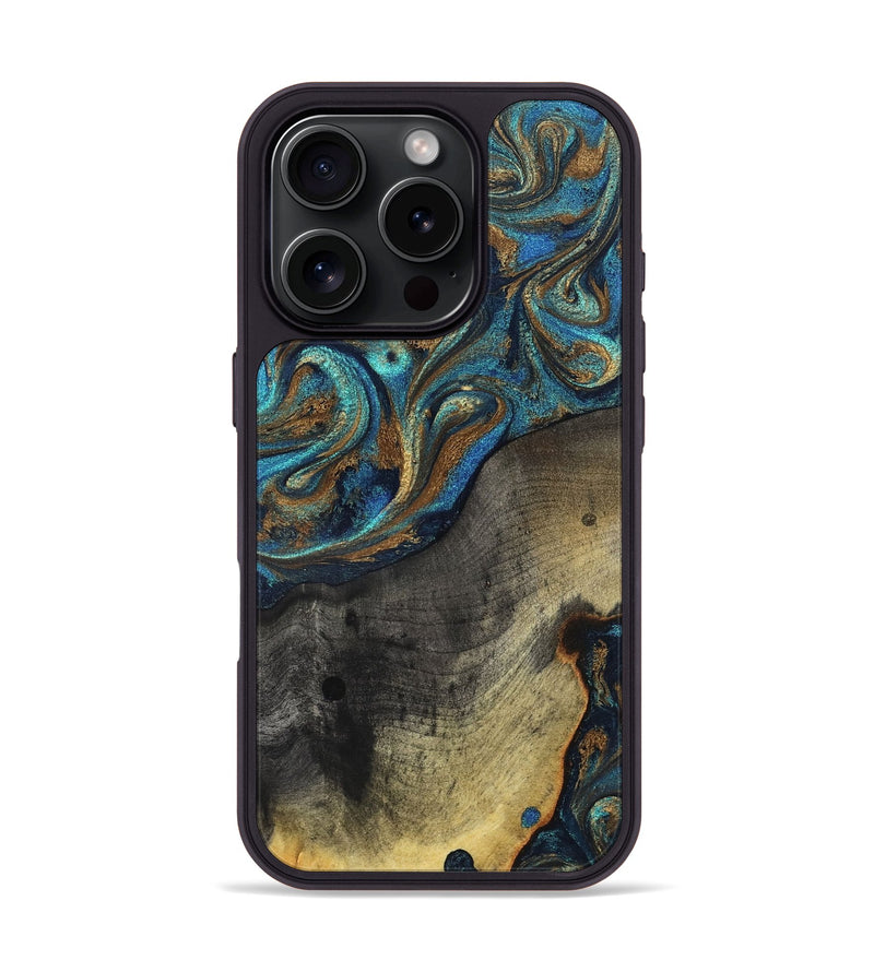 iPhone 16 Pro Wood Phone Case - Evalyn (Teal & Gold, 819616)
