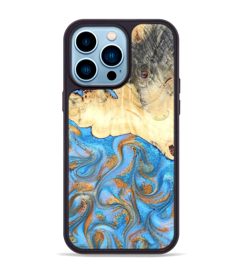 iPhone 14 Pro Max Wood Phone Case - Beckett (Teal & Gold, 819677)