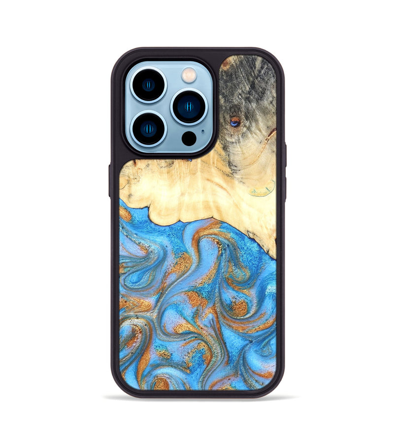 iPhone 14 Pro Wood Phone Case - Beckett (Teal & Gold, 819677)