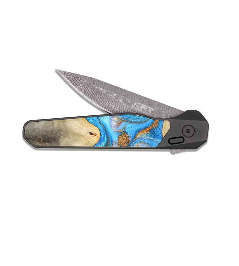 EDC Dark Damascus Wood Pocket Knife - Tonja (Teal & Gold, 819811)