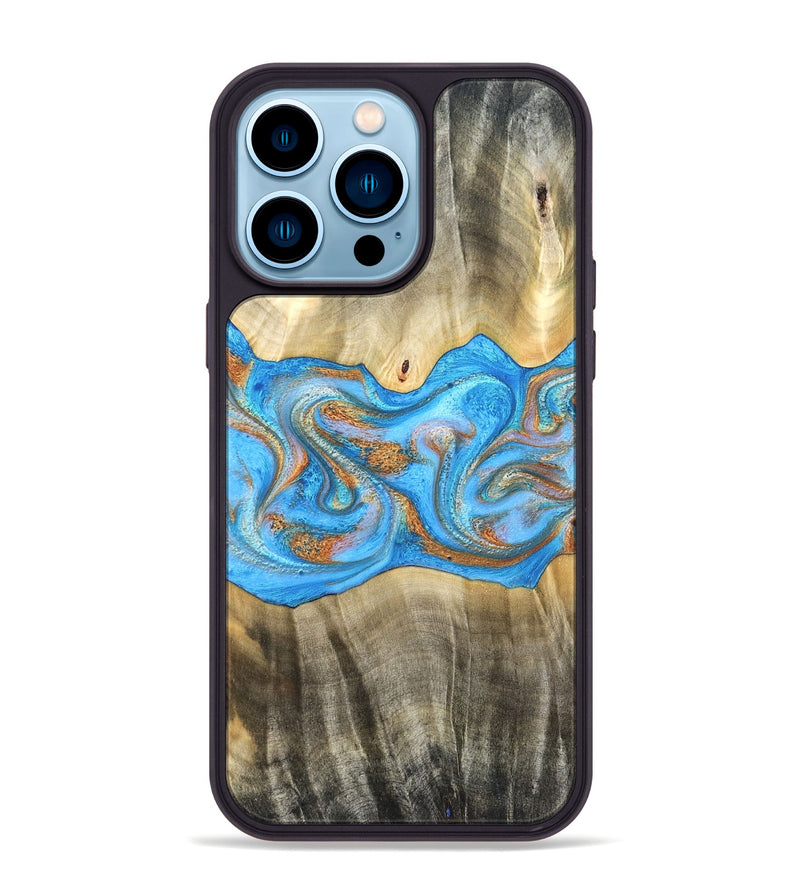 iPhone 14 Pro Max Wood Phone Case - Tonja (Teal & Gold, 819811)