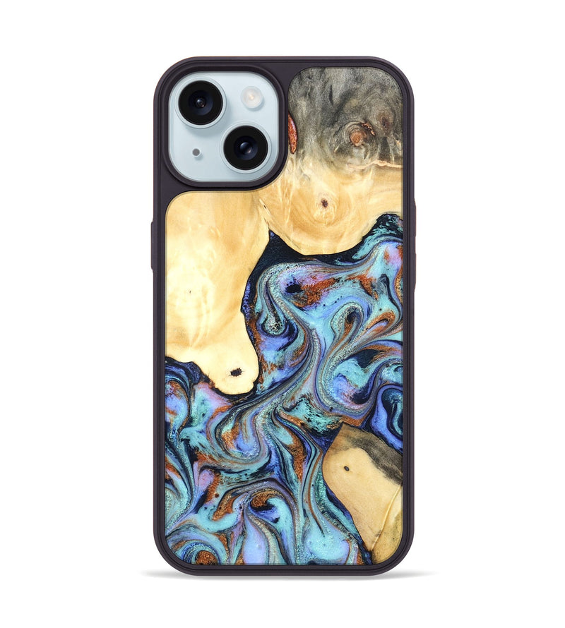 iPhone 15 Wood Phone Case - Cecily (Teal & Gold, 819812)