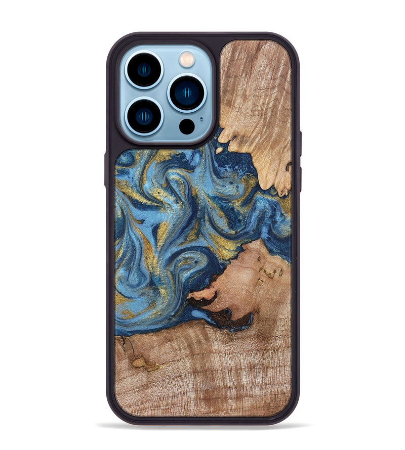 iPhone 14 Pro Max Wood Phone Case - Tiffani (Teal & Gold, 819813)