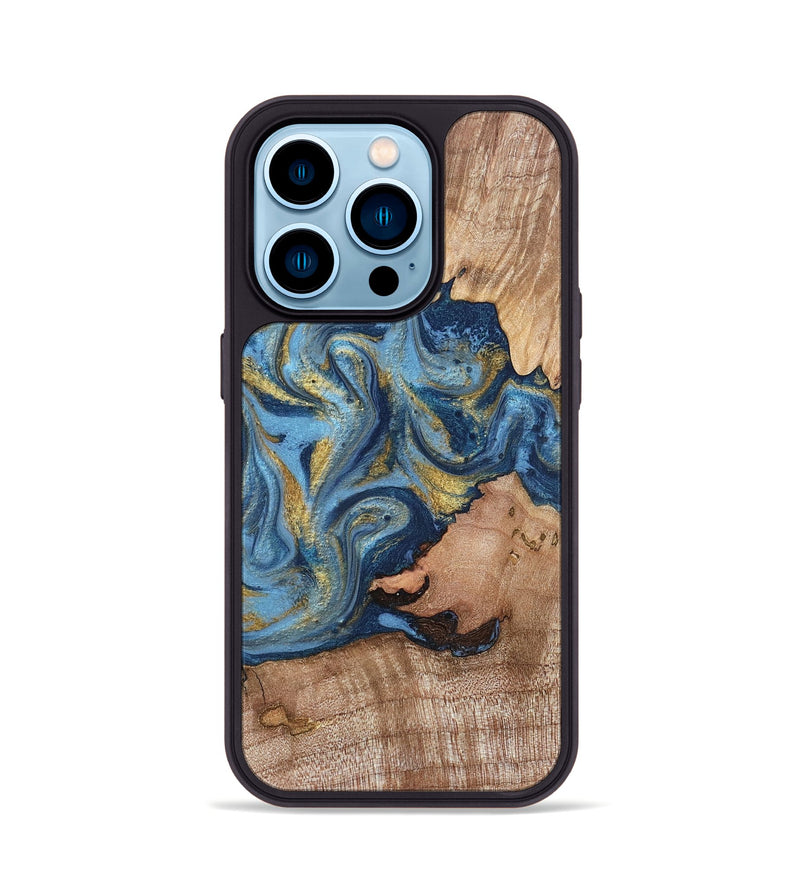 iPhone 14 Pro Wood Phone Case - Tiffani (Teal & Gold, 819813)