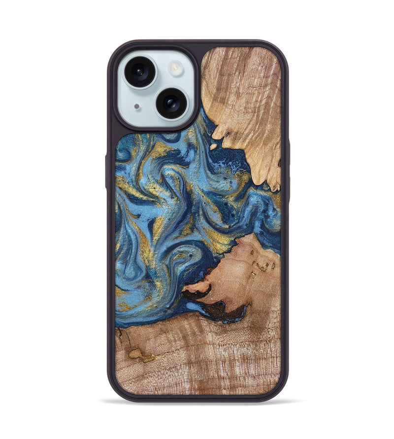 iPhone 15 Wood Phone Case - Tiffani (Teal & Gold, 819813)