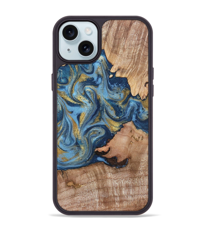 iPhone 15 Plus Wood Phone Case - Tiffani (Teal & Gold, 819813)