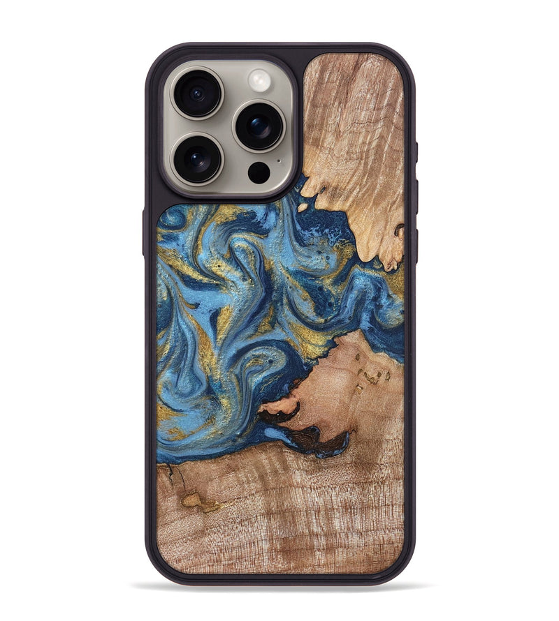 iPhone 15 Pro Max Wood Phone Case - Tiffani (Teal & Gold, 819813)