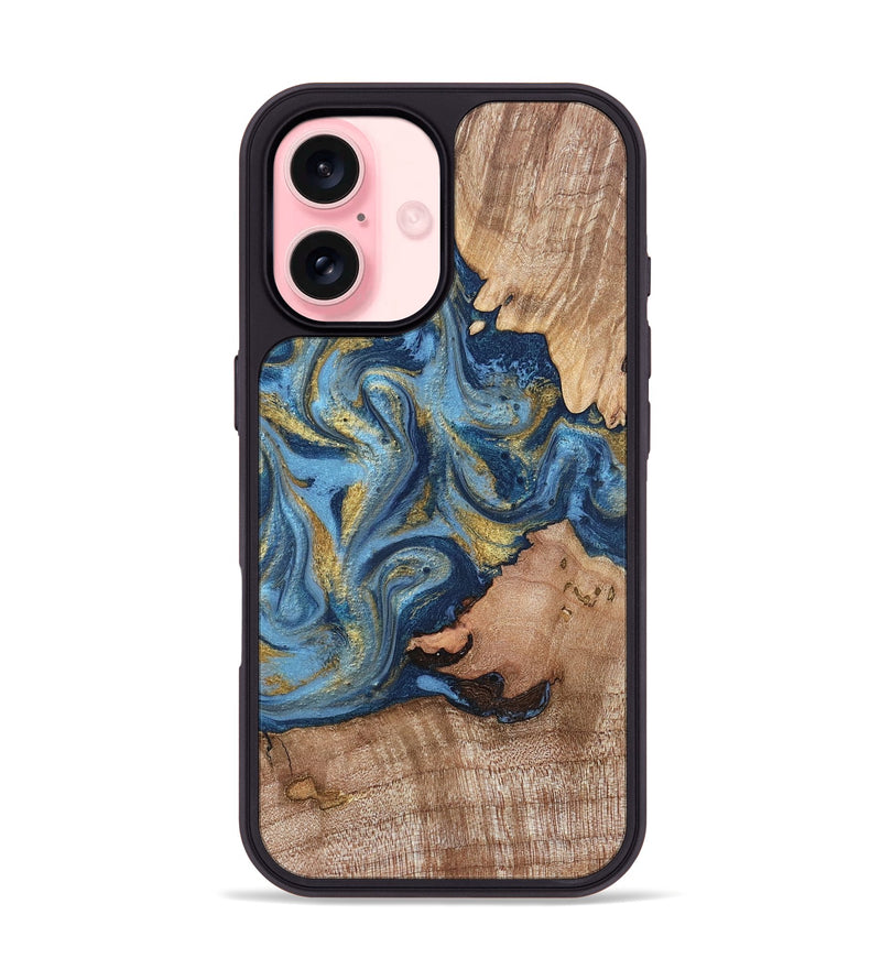 iPhone 16 Wood Phone Case - Tiffani (Teal & Gold, 819813)