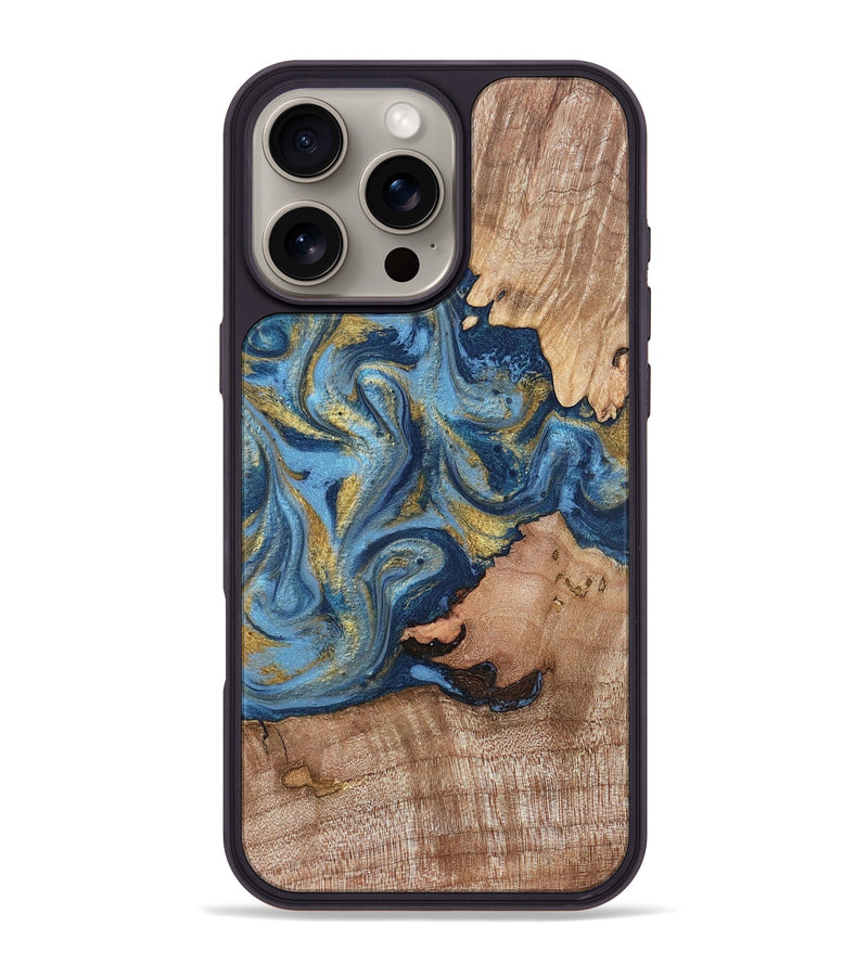 iPhone 16 Pro Max Wood Phone Case - Tiffani (Teal & Gold, 819813)