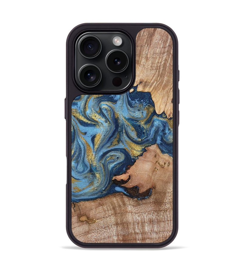 iPhone 16 Pro Wood Phone Case - Tiffani (Teal & Gold, 819813)