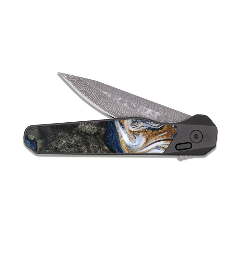 EDC Dark Damascus Wood Pocket Knife - Mira (Teal & Gold, 819815)