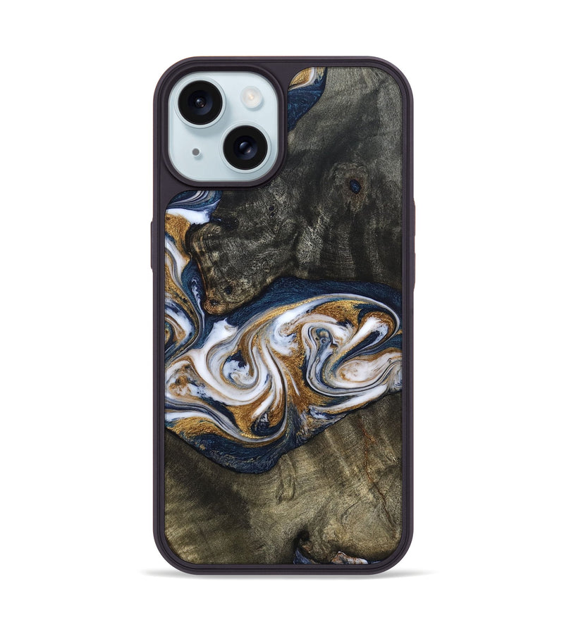 iPhone 15 Wood Phone Case - Mira (Teal & Gold, 819815)