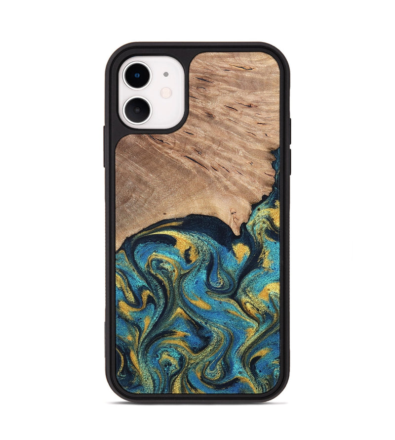 iPhone 11 Wood Phone Case - Deanne (Teal & Gold, 819816)
