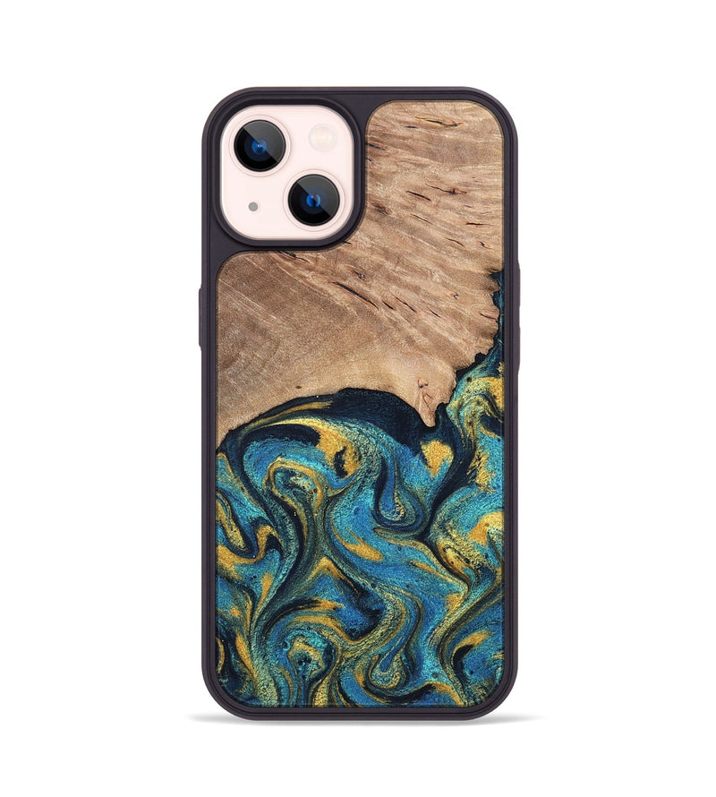 iPhone 14 Wood Phone Case - Deanne (Teal & Gold, 819816)