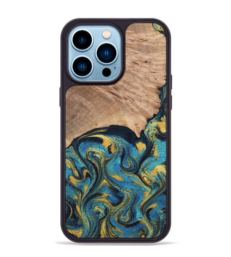 iPhone 14 Pro Max Wood Phone Case - Deanne (Teal & Gold, 819816)