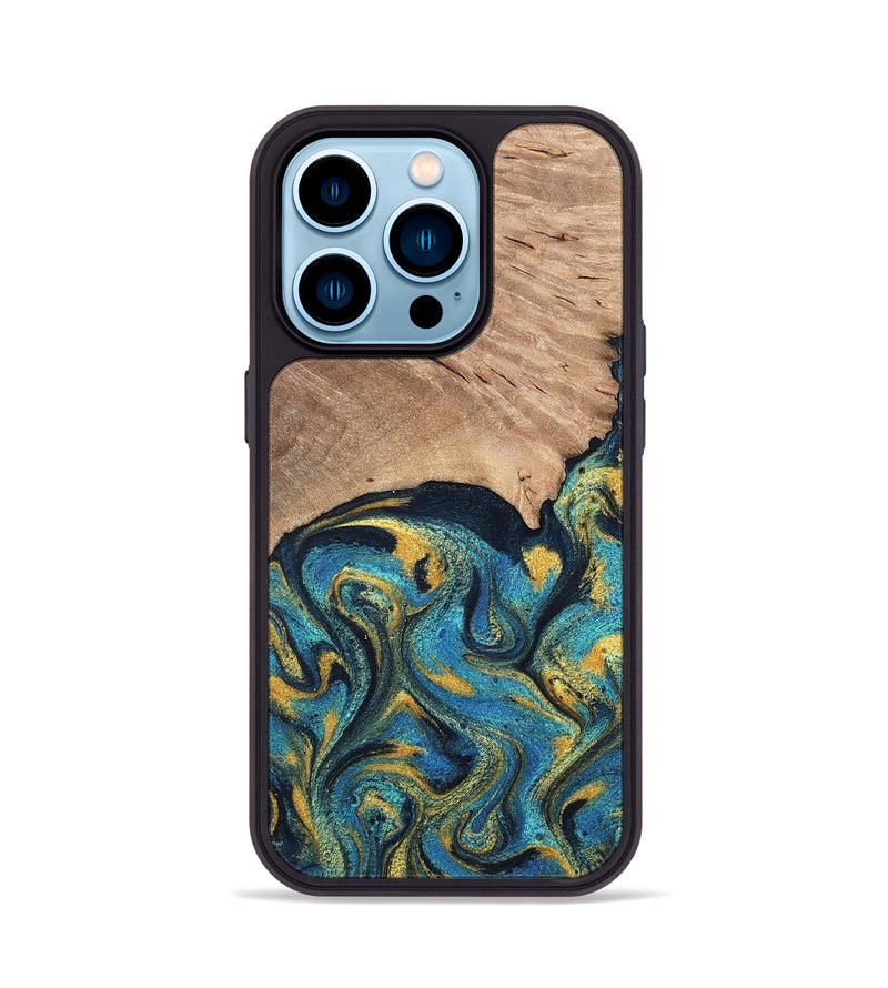 iPhone 14 Pro Wood Phone Case - Deanne (Teal & Gold, 819816)