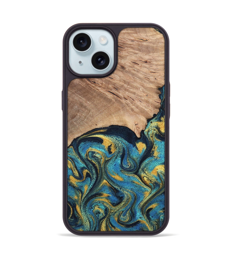 iPhone 15 Wood Phone Case - Deanne (Teal & Gold, 819816)