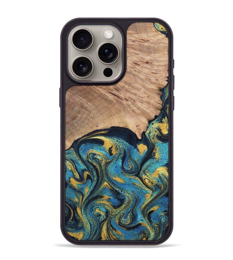 iPhone 15 Pro Max Wood Phone Case - Deanne (Teal & Gold, 819816)
