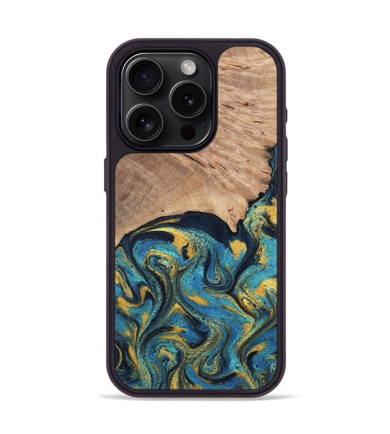 iPhone 15 Pro Wood Phone Case - Deanne (Teal & Gold, 819816)