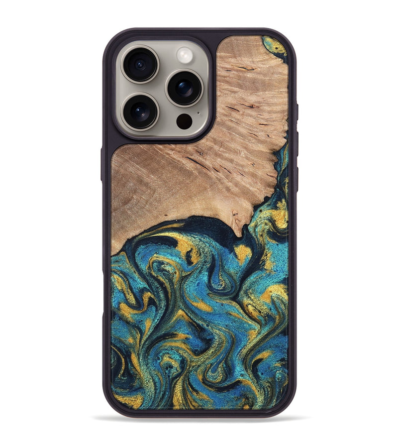 iPhone 16 Pro Max Wood Phone Case - Deanne (Teal & Gold, 819816)