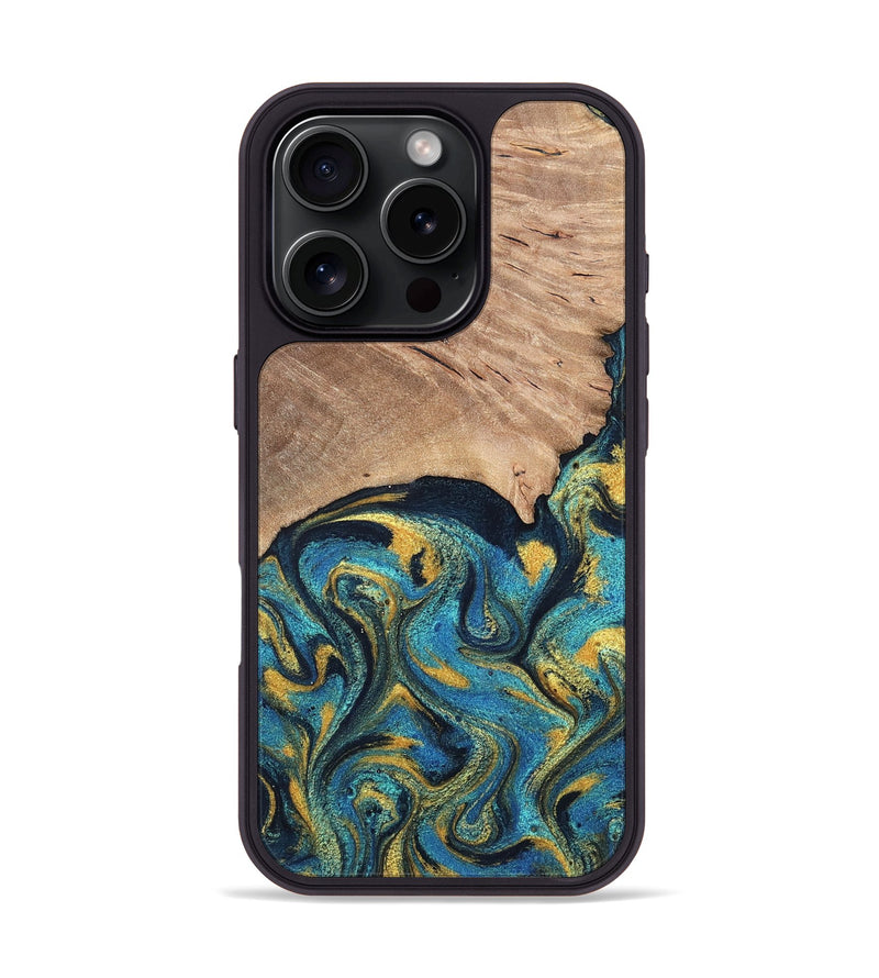 iPhone 16 Pro Wood Phone Case - Deanne (Teal & Gold, 819816)
