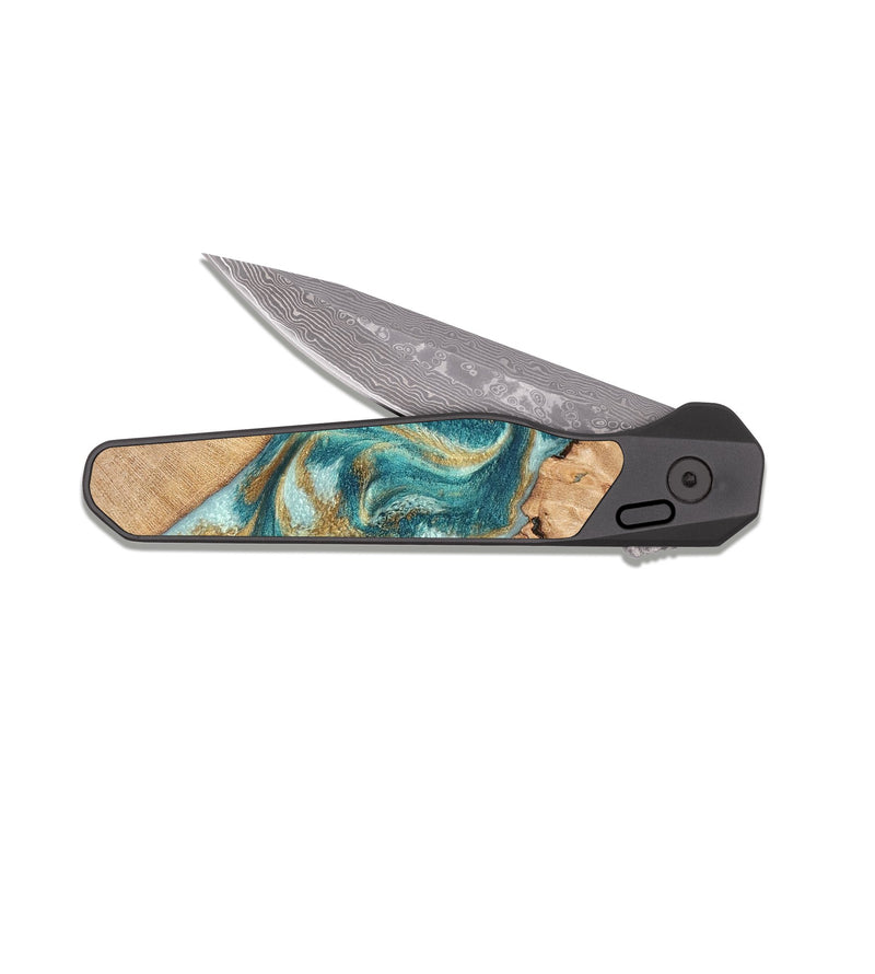 EDC Dark Damascus Wood Pocket Knife - Amiah (Teal & Gold, 819908)