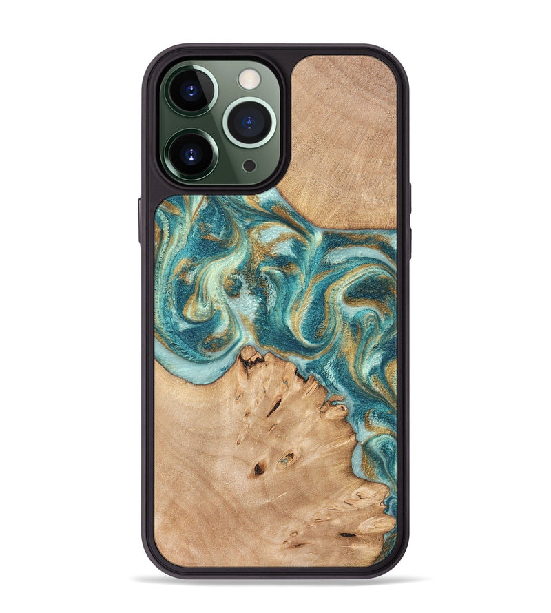 iPhone 13 Pro Max Wood Phone Case - Amiah (Teal & Gold, 819908)