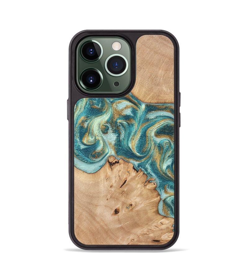 iPhone 13 Pro Wood Phone Case - Amiah (Teal & Gold, 819908)
