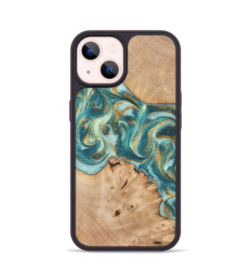 iPhone 14 Wood Phone Case - Amiah (Teal & Gold, 819908)