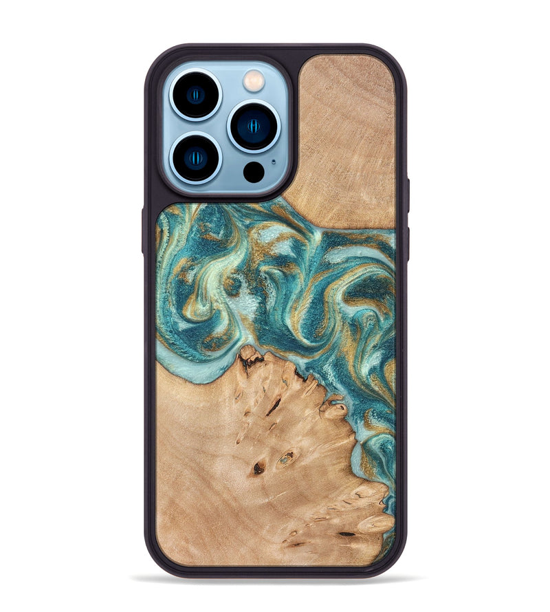 iPhone 14 Pro Max Wood Phone Case - Amiah (Teal & Gold, 819908)
