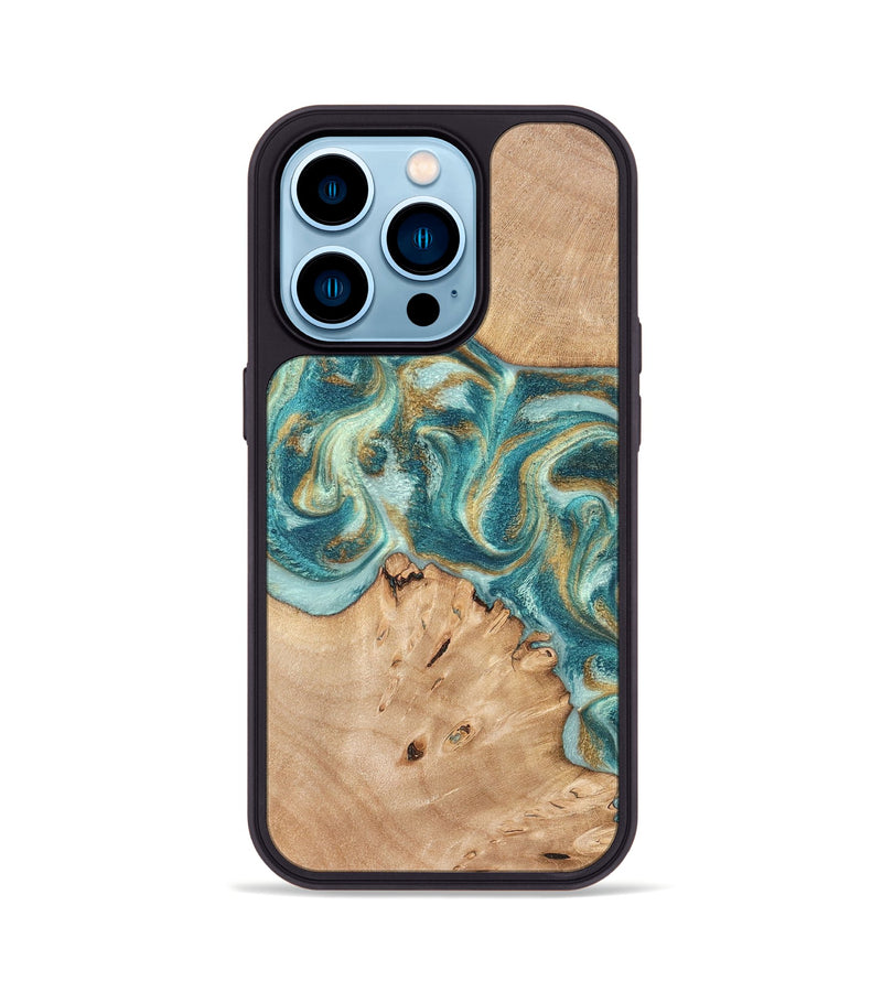 iPhone 14 Pro Wood Phone Case - Amiah (Teal & Gold, 819908)
