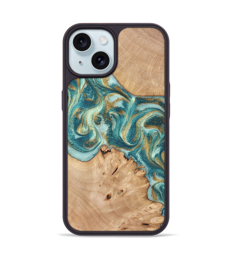 iPhone 15 Wood Phone Case - Amiah (Teal & Gold, 819908)