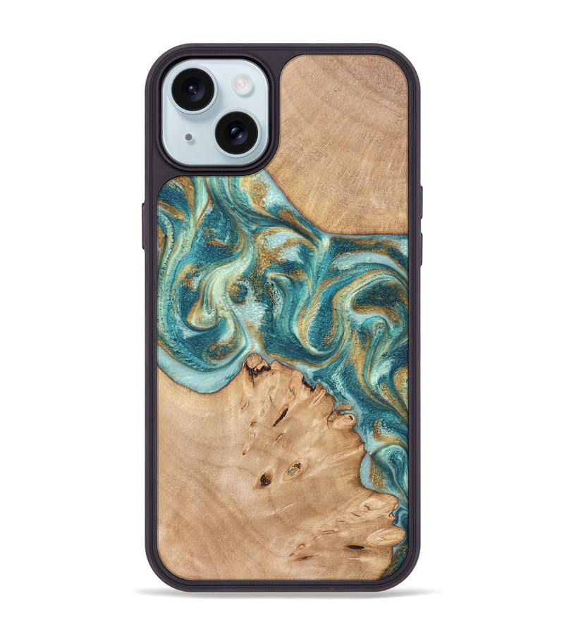 iPhone 15 Plus Wood Phone Case - Amiah (Teal & Gold, 819908)