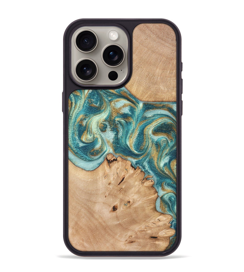 iPhone 15 Pro Max Wood Phone Case - Amiah (Teal & Gold, 819908)