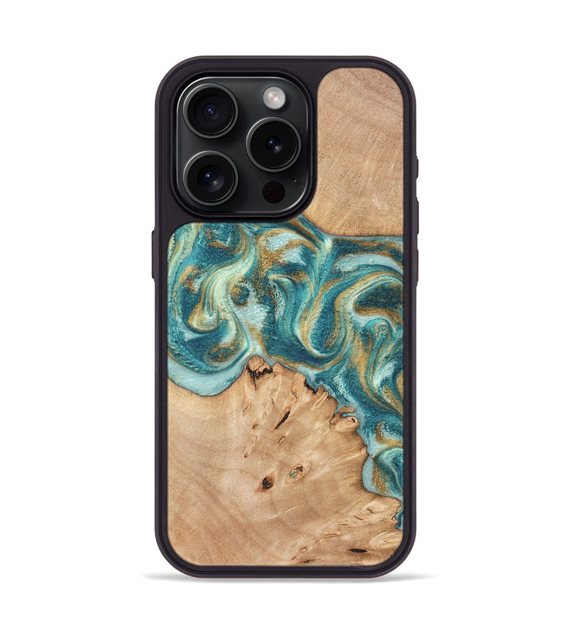 iPhone 15 Pro Wood Phone Case - Amiah (Teal & Gold, 819908)