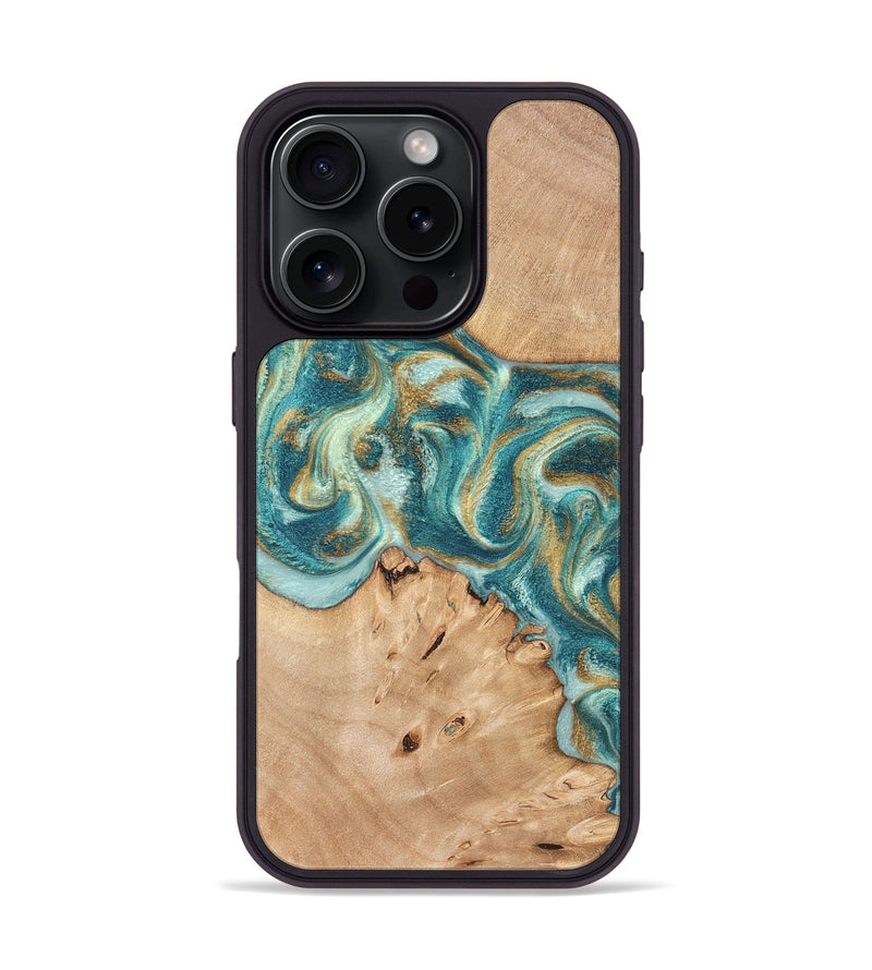 iPhone 16 Pro Wood Phone Case - Amiah (Teal & Gold, 819908)