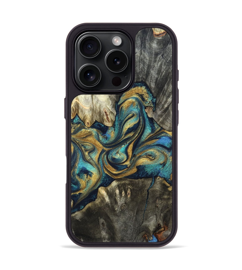 iPhone 16 Pro Wood Phone Case - Silas (Teal & Gold, 819923)