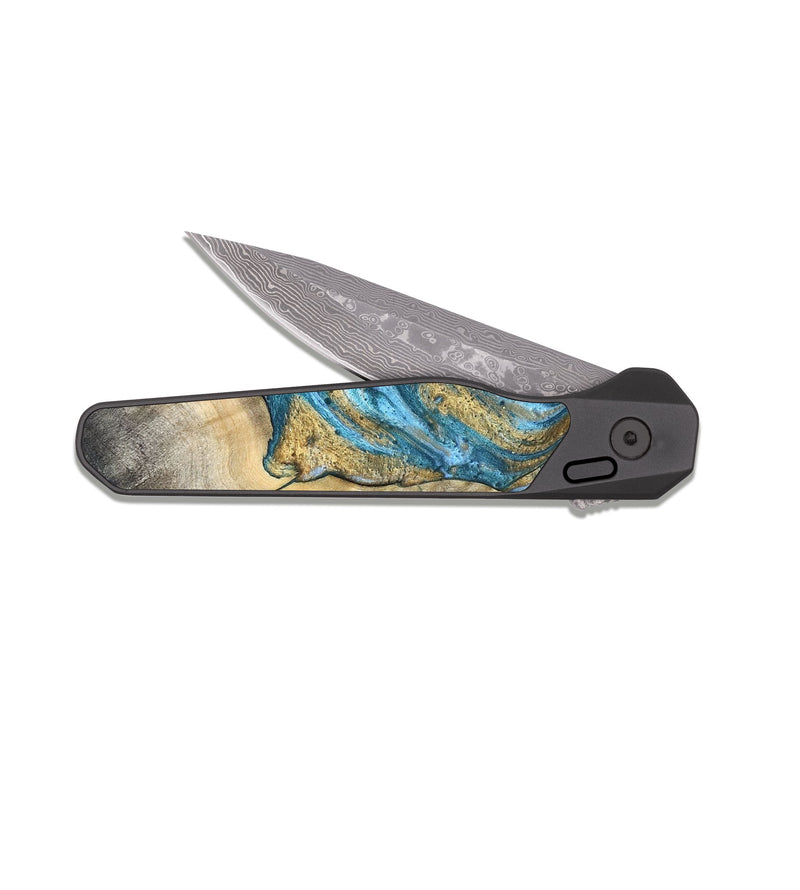EDC Dark Damascus Wood Pocket Knife - Tamiko (Teal & Gold, 819924)