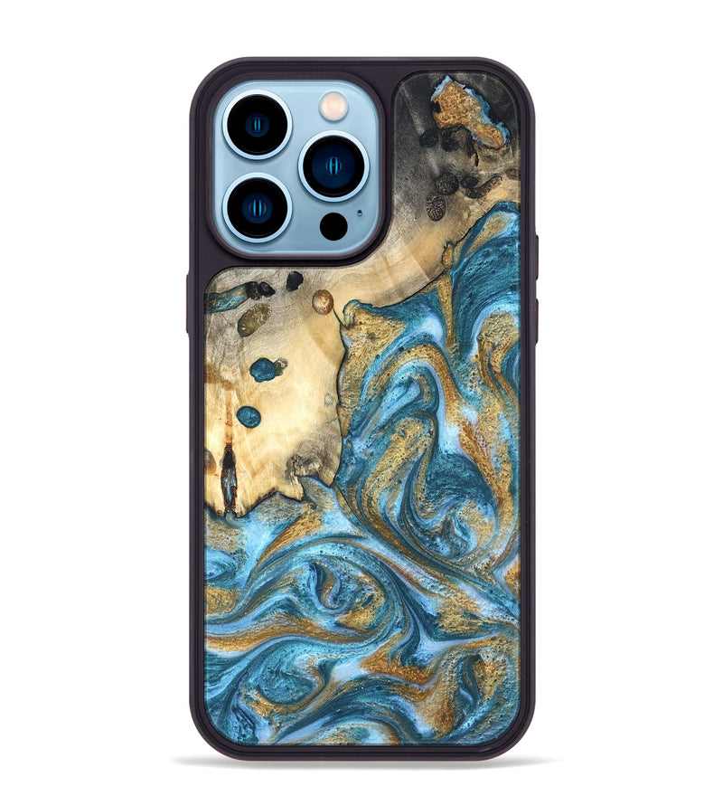 iPhone 14 Pro Max Wood Phone Case - Tamiko (Teal & Gold, 819924)