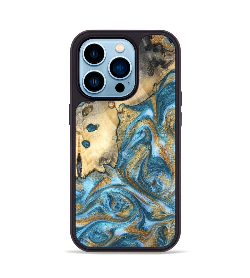 iPhone 14 Pro Wood Phone Case - Tamiko (Teal & Gold, 819924)