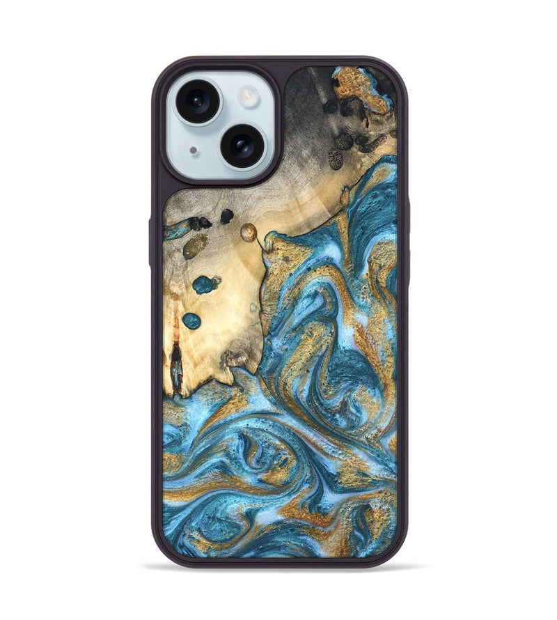 iPhone 15 Wood Phone Case - Tamiko (Teal & Gold, 819924)