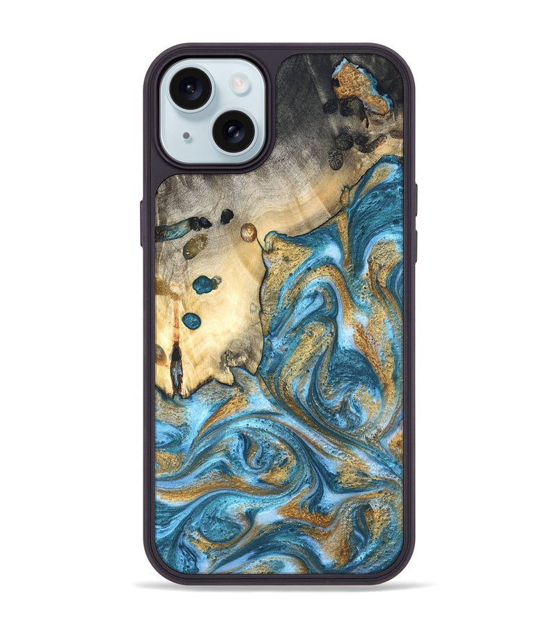iPhone 15 Plus Wood Phone Case - Tamiko (Teal & Gold, 819924)